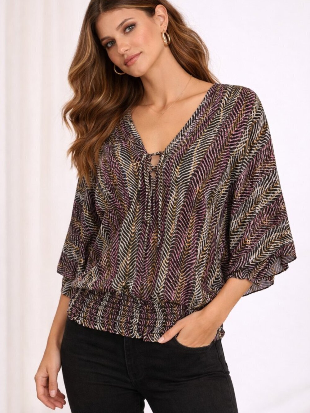 Anthro Corey Lynn Calter Silk V-Neck Blouse Geometric Kimono Sleeve S